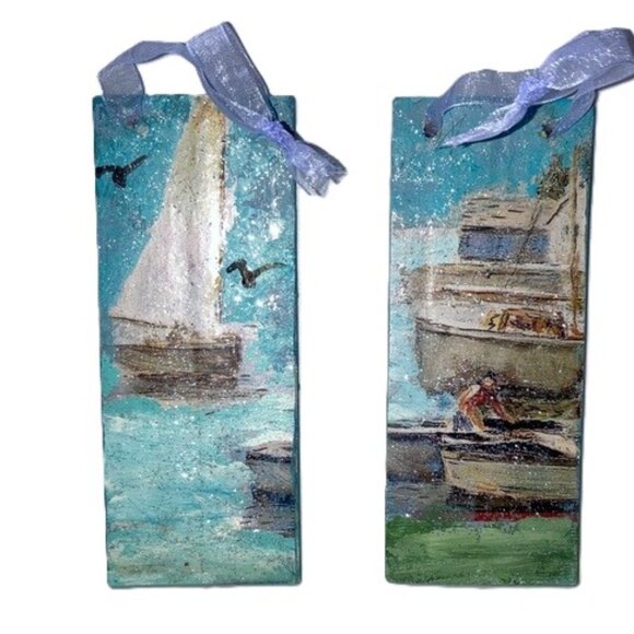 Christmas Tree ORNAMENTS Nautical Boat Ship 2 Designs Hand-Painted 4.5 x 1.75 in - Picture 1 of 7